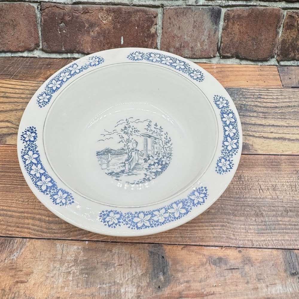Anchor Hocking Vitrock Serving Bowl Depression Milk Glass Lake Como Blue Floral
